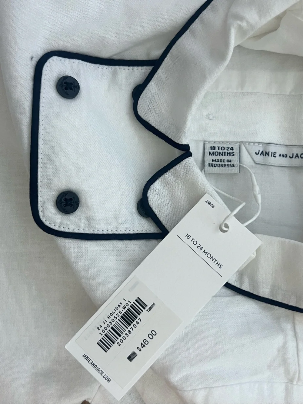 Janie and Jack White Infant Romper with Navy Piping